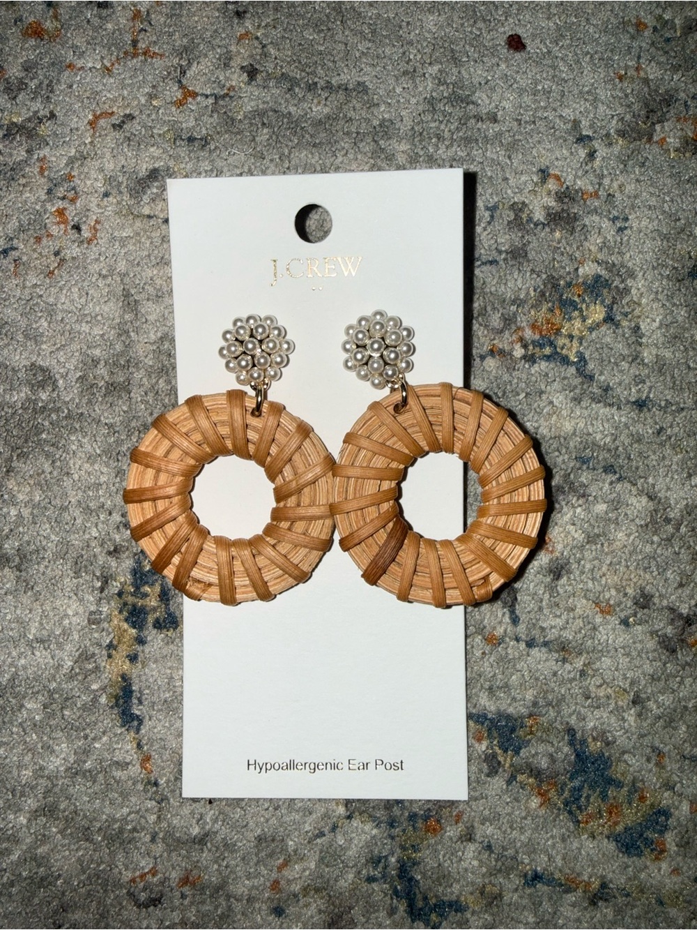 J. Crew Tan Woven Hoop Earrings with Pearl Floral Posts